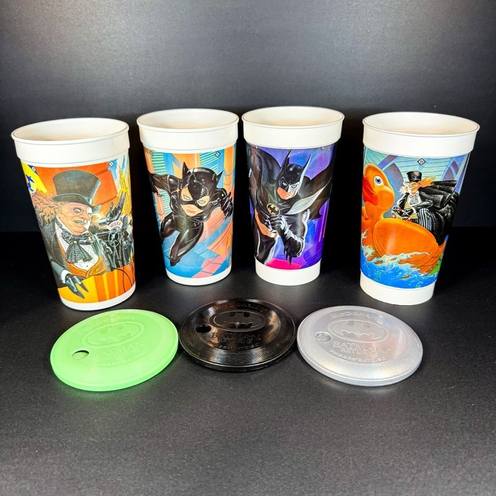 1992 McDonalds Batman Returns Collectible 32oz Cups | Lot of 4 w/ 3 Batdisc Lids